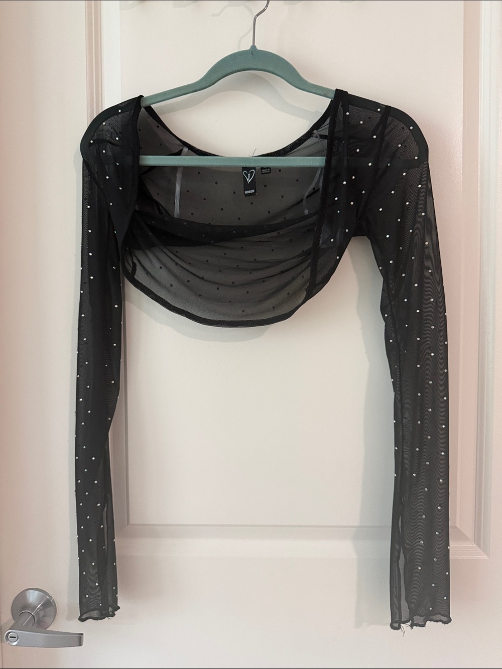 Windsor Black Sheer Mesh Long-Sleeve Crystal-Embellished Crop Top